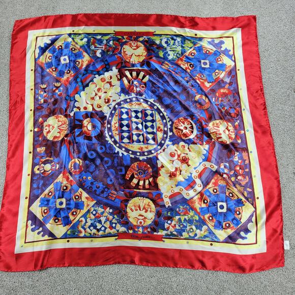 VINTAGE Womens CATHAYA 100% Silk Scarf Wrap 34"X34" Red Blue Multi Print Square - Picture 7 of 16